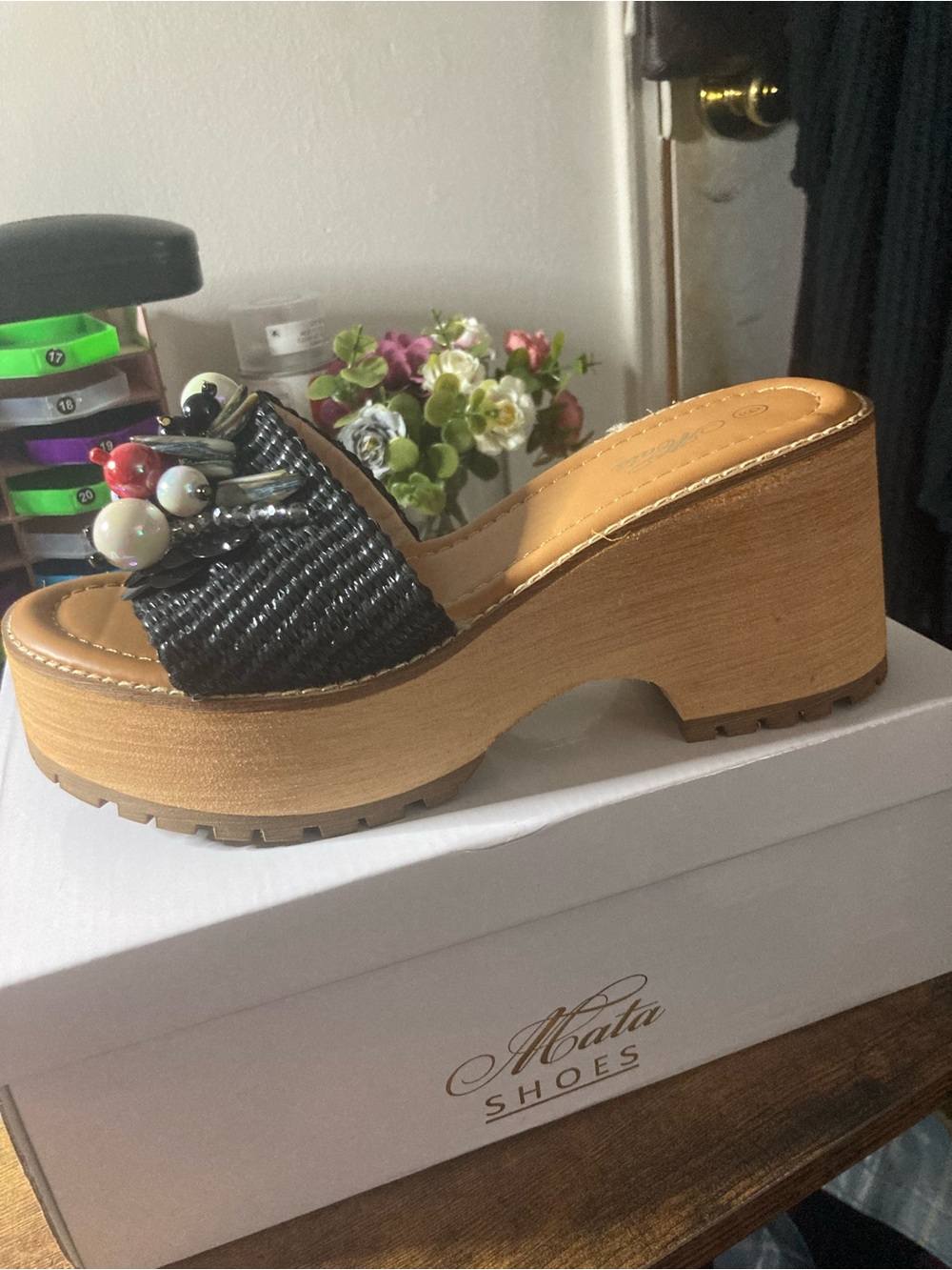 Mata Shoes Black Beaded Woven Platform Slide